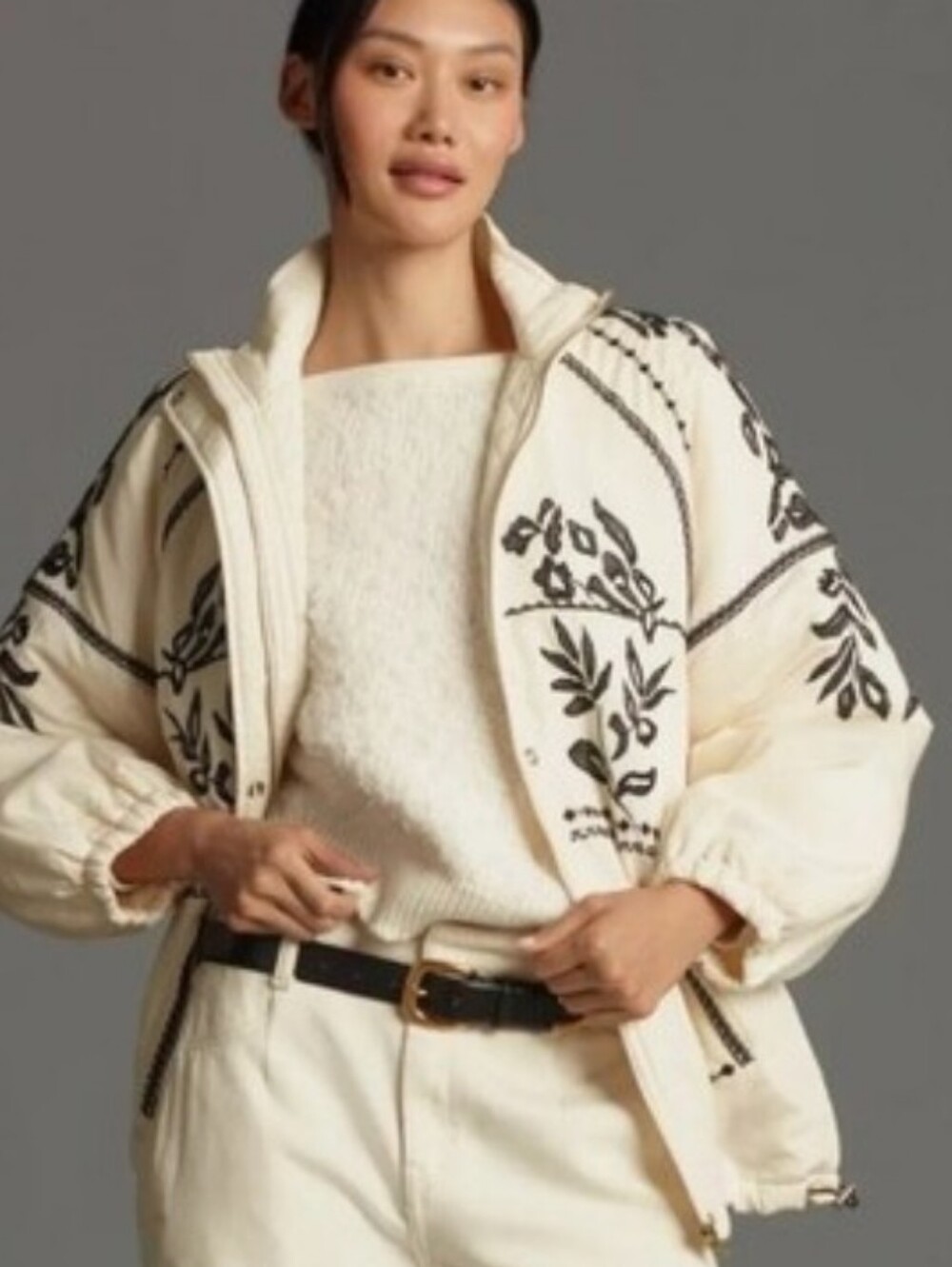 ANTHROPOLOGIE Cream Puffer Jacket Black Embroidered Motif Scandi Boho S EUC RARE
